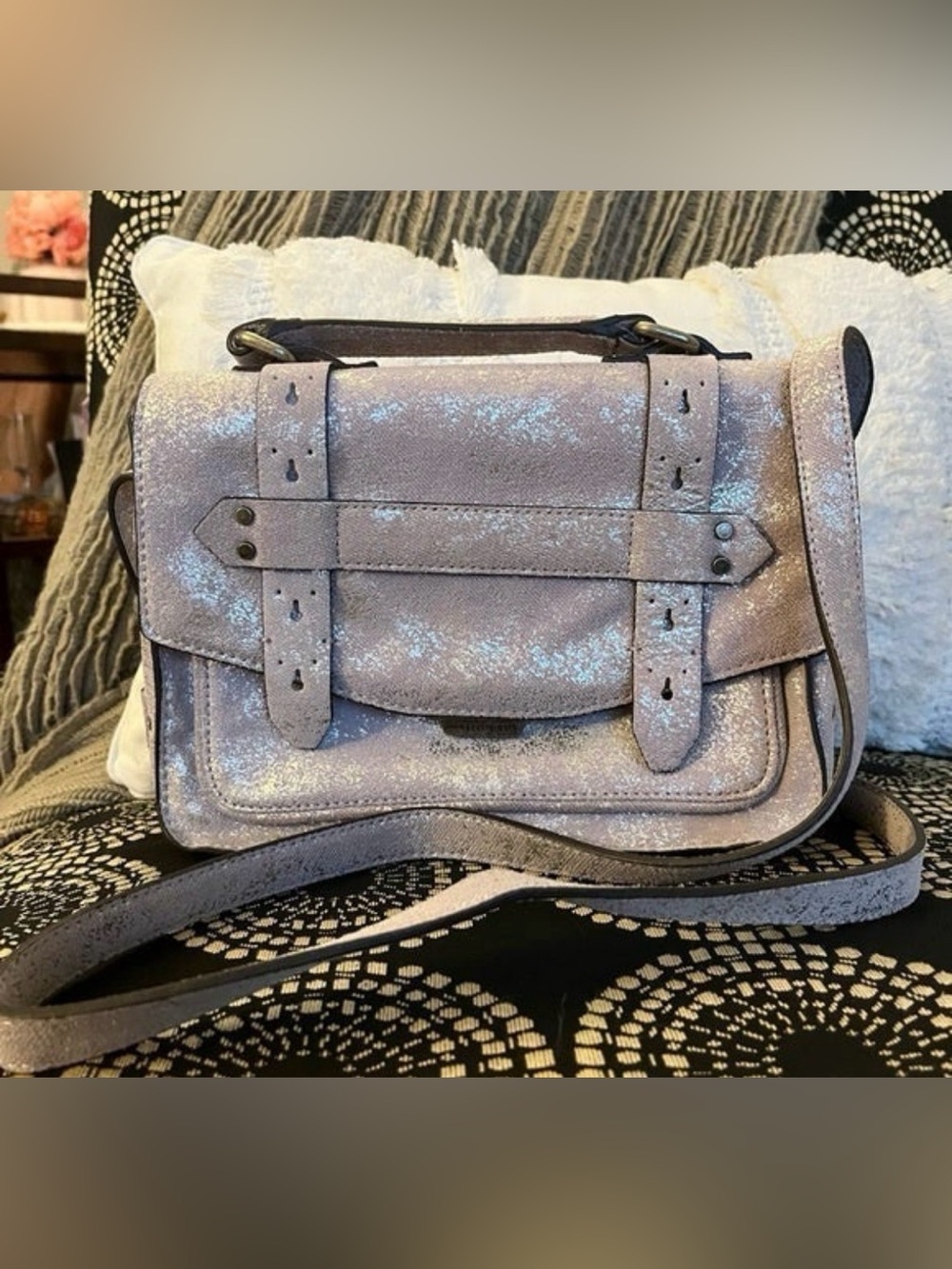 Aimee Kestenberg leather metallic moto crossbody lavender lilac silver